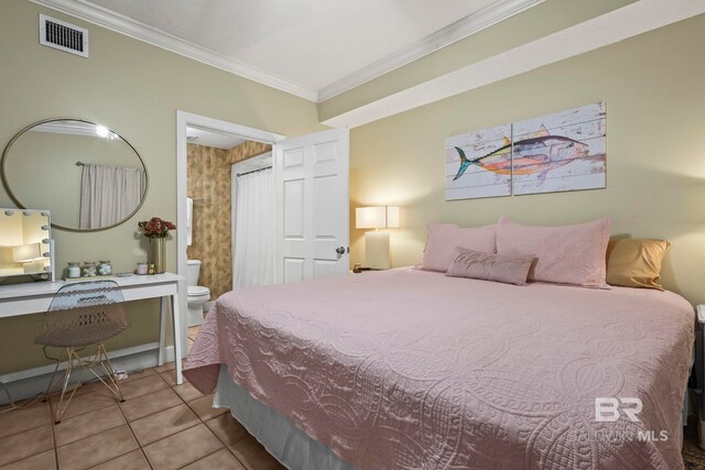 tiled bedroom featuring crown molding