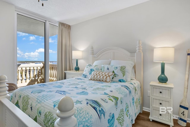 bedroom featuring access to exterior and a textured ceiling