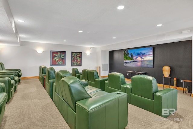 carpeted cinema room featuring baseboards and recessed lighting