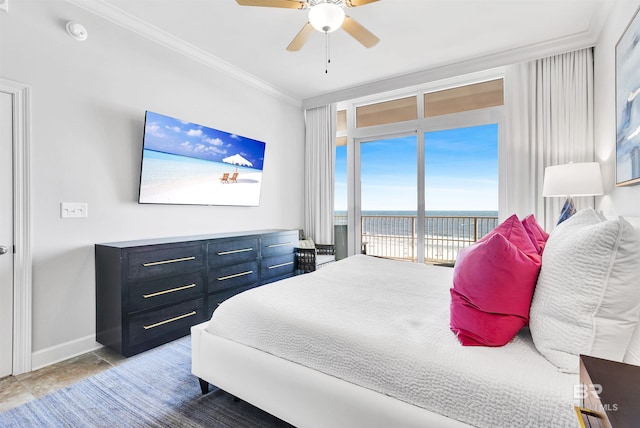 26688 Perdido Beach Blvd Unit 505, Orange Beach, AL 36561 - bedroom featuring a ceiling fan, access to exterior, baseboards, and ornamental molding