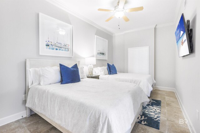 26688 Perdido Beach Blvd Unit 505, Orange Beach, AL 36561 - bedroom featuring visible vents, baseboards, ornamental molding, and a ceiling fan