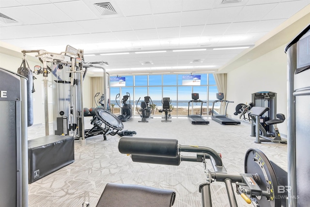 26688 Perdido Beach Blvd Unit 505, Orange Beach, AL 36561 - gym featuring floor to ceiling windows, carpet flooring, and visible vents