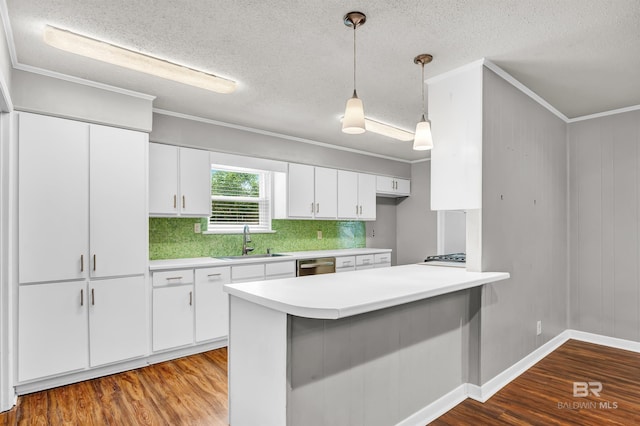 kitchen with tasteful backsplash, stainless steel dishwasher, a sink, wood finished floors, and a peninsula