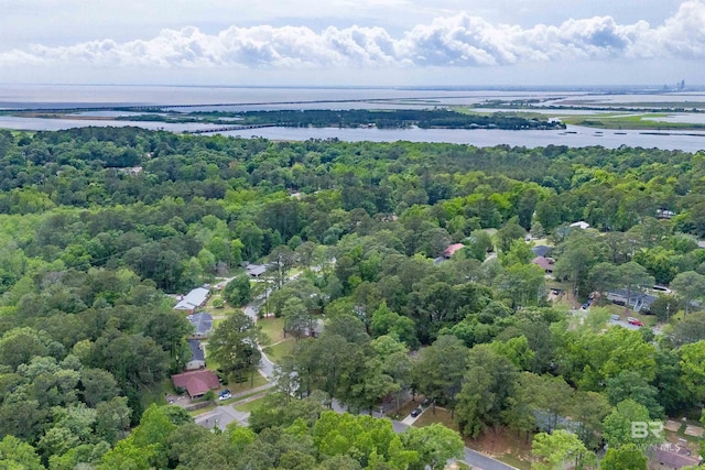 birds eye view of property featuring a wooded view and a water view