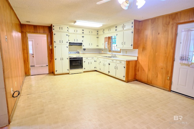 kitchen with sink, wood walls, a textured ceiling, white range with electric stovetop, and white cabinets