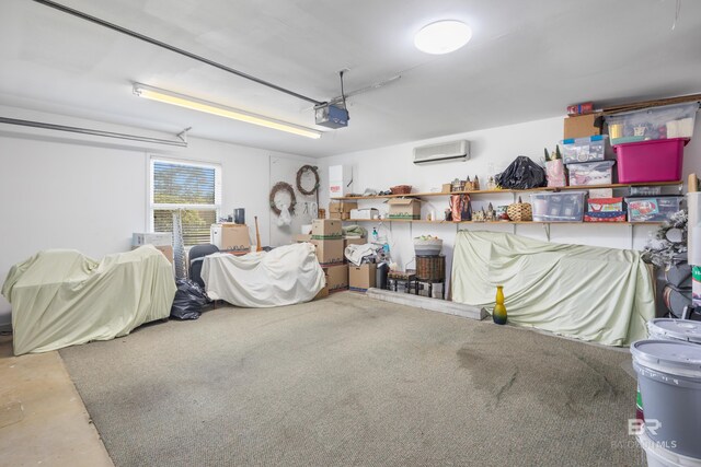 garage featuring a garage door opener and a wall mounted AC