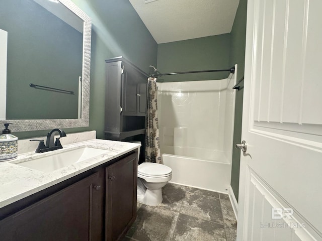 full bathroom with vanity, shower / tub combo with curtain, and toilet