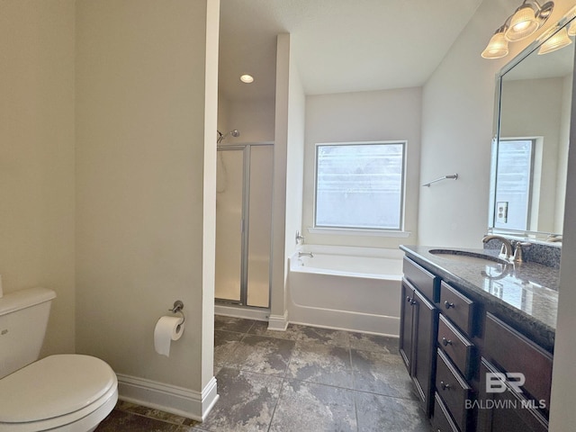 full bathroom with baseboards, plenty of natural light, a stall shower, and toilet