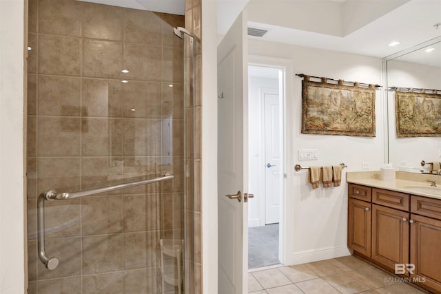 full bath with visible vents, baseboards, tile patterned floors, vanity, and a shower stall