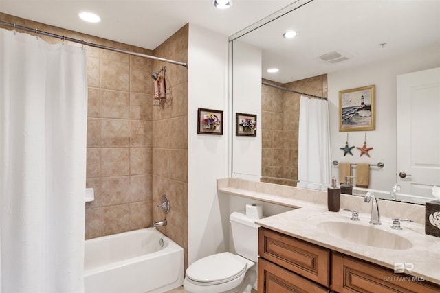 bathroom featuring recessed lighting, shower / bathtub combination with curtain, toilet, and vanity