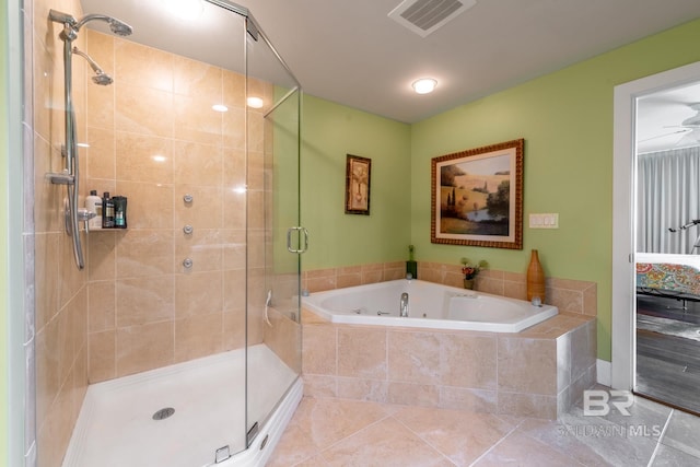 bathroom with tile floors and plus walk in shower