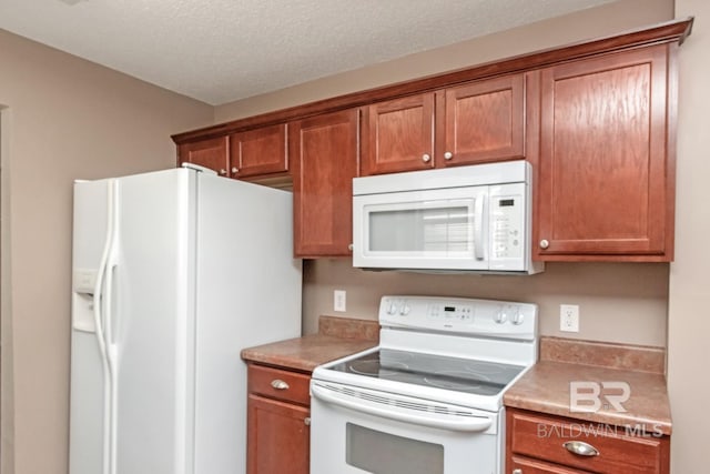 kitchen with a textured ceiling and white appliances