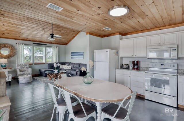 kitchen featuring tasteful backsplash, wood ceiling, white appliances, ceiling fan, and white cabinetry