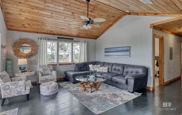 living room featuring ceiling fan, dark wood-type flooring, wooden ceiling, electric panel, and lofted ceiling
