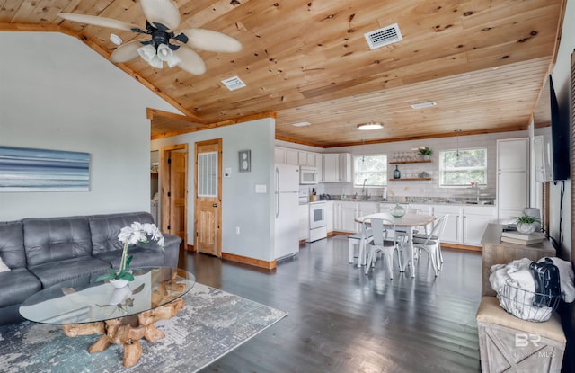 living room with dark hardwood / wood-style floors, ceiling fan, wooden ceiling, and sink