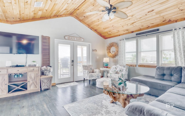 living room with ceiling fan, french doors, dark hardwood / wood-style flooring, lofted ceiling, and wood ceiling