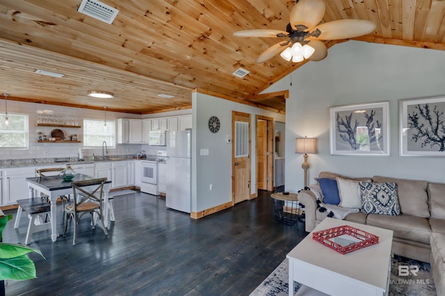 living room featuring ceiling fan, dark hardwood / wood-style flooring, wooden ceiling, and sink