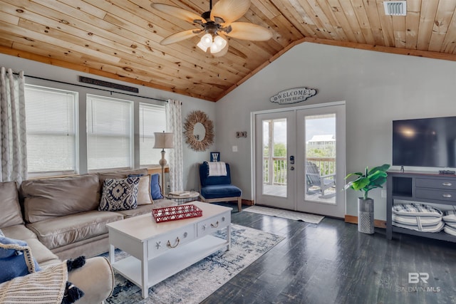 living room with french doors, vaulted ceiling, ceiling fan, dark hardwood / wood-style flooring, and wood ceiling