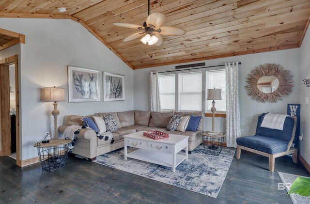 living room featuring dark hardwood / wood-style flooring, vaulted ceiling, ceiling fan, and wooden ceiling