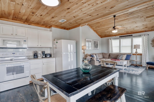 kitchen with decorative backsplash, white appliances, white cabinetry, and wood ceiling
