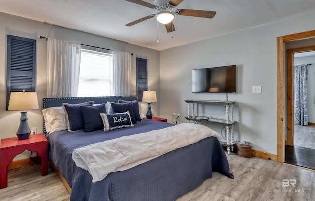bedroom with ceiling fan and light wood-type flooring