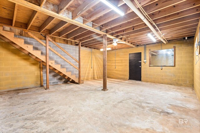 4014 Moffett Ct, Mobile, AL 36618 - unfinished basement with stairs and concrete block wall