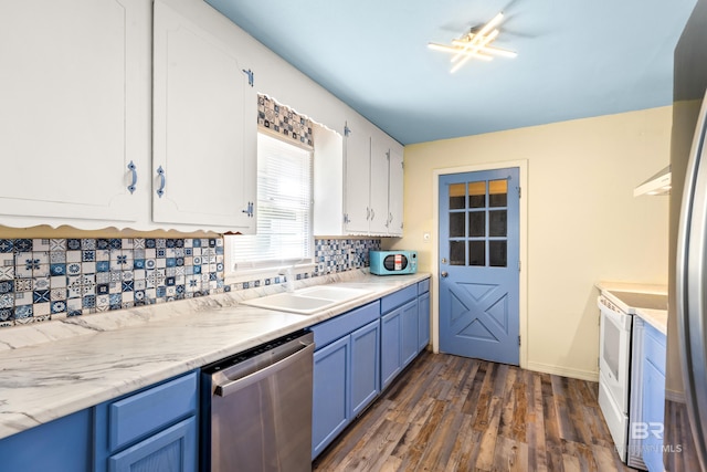 4014 Moffett Ct, Mobile, AL 36618 - kitchen featuring stainless steel dishwasher, blue cabinets, a sink, and white range with electric cooktop