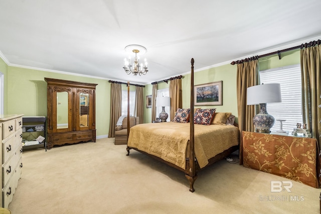 bedroom with a chandelier, light carpet, and crown molding