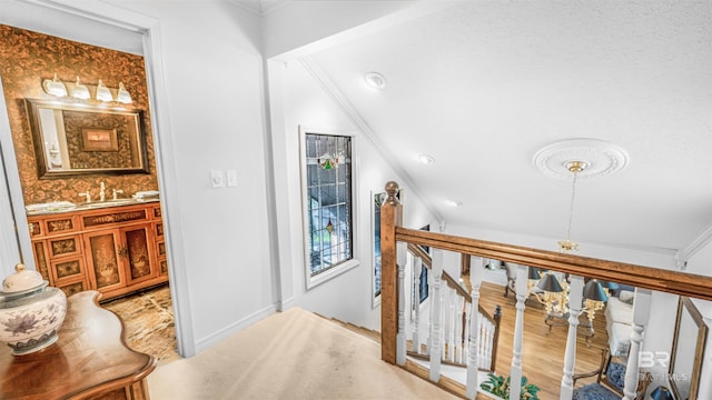 corridor with sink, carpet, lofted ceiling, and crown molding