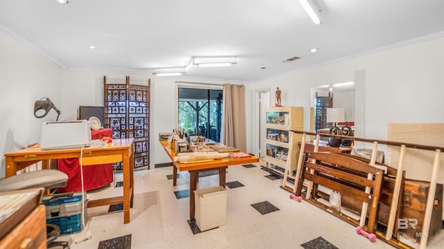 playroom with light tile patterned flooring and ornamental molding