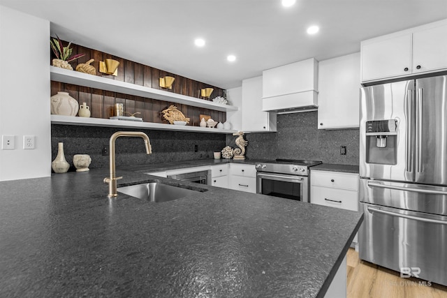 kitchen featuring stainless steel appliances, white cabinets, backsplash, sink, and custom exhaust hood