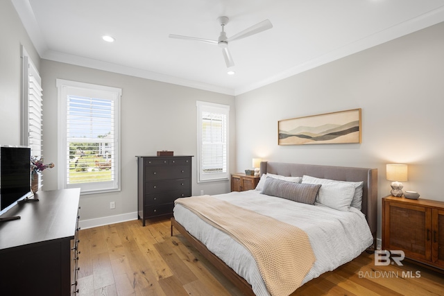313 Cuban Lily Dr, Fairhope, AL 36532 - bedroom with light wood-type flooring, crown molding, baseboards, recessed lighting, and ceiling fan