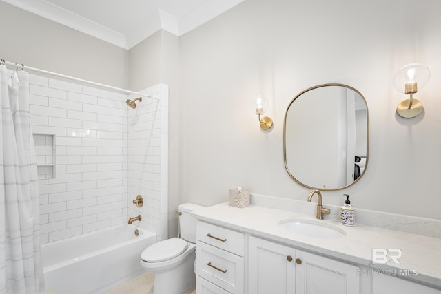 313 Cuban Lily Dr, Fairhope, AL 36532 - full bath featuring vanity, shower / tub combo with curtain, toilet, and ornamental molding