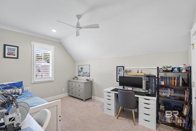 313 Cuban Lily Dr, Fairhope, AL 36532 - office area featuring a ceiling fan, vaulted ceiling, light carpet, baseboards, and recessed lighting