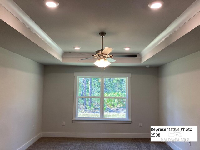 unfurnished room with a raised ceiling, carpet, and ceiling fan