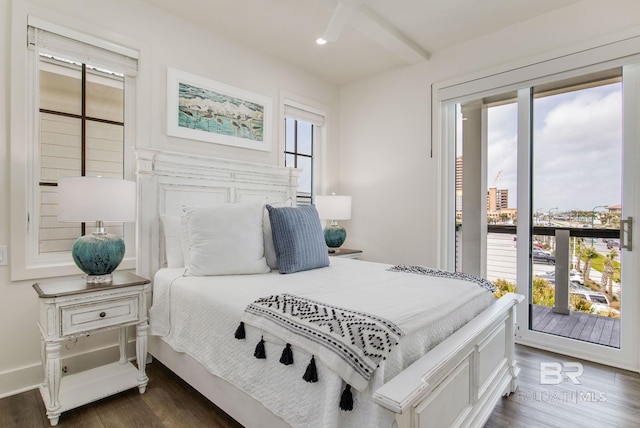 bedroom with recessed lighting, multiple windows, dark wood-type flooring, and access to outside