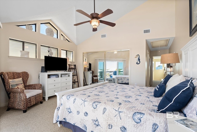 bedroom with ceiling fan, light colored carpet, high vaulted ceiling, and access to outside