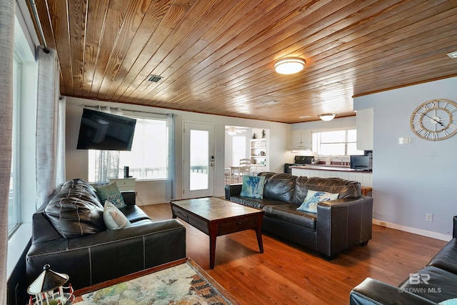 747 Cherokee Rd, Gulf Shores, AL 36542 - living area featuring wooden ceiling, wood finished floors, visible vents, and baseboards
