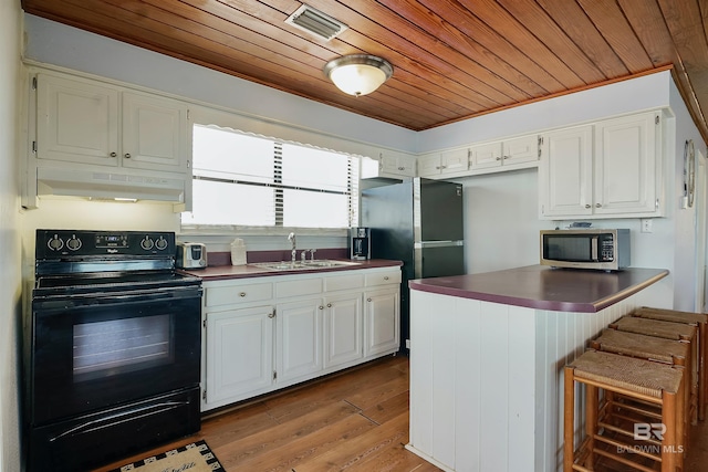 747 Cherokee Rd, Gulf Shores, AL 36542 - kitchen featuring stainless steel microwave, white cabinetry, a sink, black range with electric cooktop, and under cabinet range hood