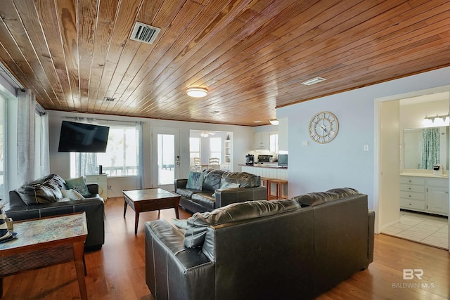 747 Cherokee Rd, Gulf Shores, AL 36542 - living room with wood ceiling, visible vents, and light wood-style flooring