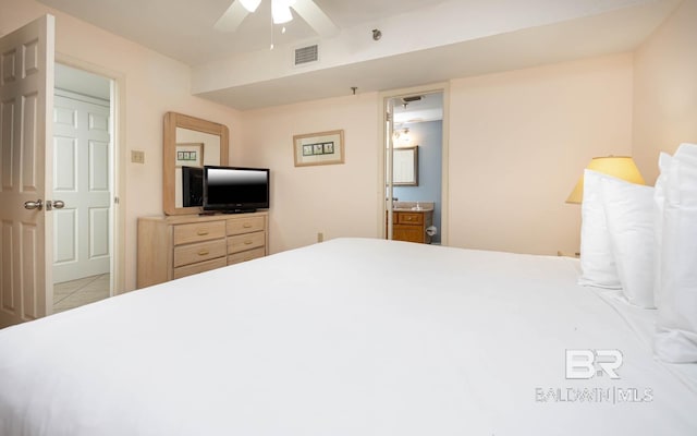 24230 Perdido Beach Blvd Unit 3112, Orange Beach, AL 36561 - bedroom featuring visible vents, connected bathroom, a ceiling fan, and tile patterned flooring