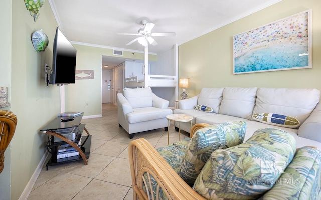 24230 Perdido Beach Blvd Unit 3112, Orange Beach, AL 36561 - living room featuring light tile patterned floors, a ceiling fan, baseboards, and ornamental molding