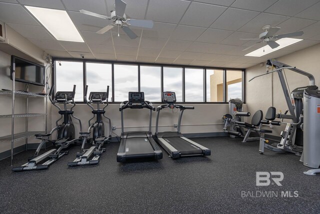24230 Perdido Beach Blvd Unit 3112, Orange Beach, AL 36561 - exercise room featuring a drop ceiling, water heater, a wealth of natural light, and ceiling fan
