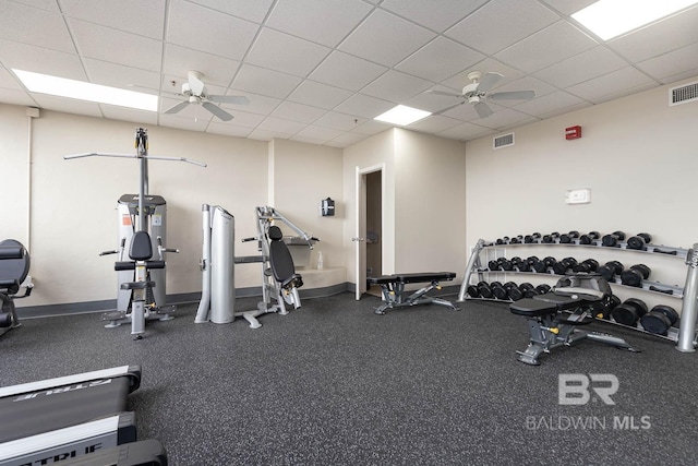 24230 Perdido Beach Blvd Unit 3112, Orange Beach, AL 36561 - exercise room featuring baseboards, visible vents, a drop ceiling, and ceiling fan