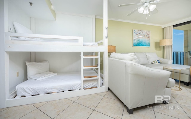 24230 Perdido Beach Blvd Unit 3112, Orange Beach, AL 36561 - living room with tile patterned floors, ceiling fan, and ornamental molding