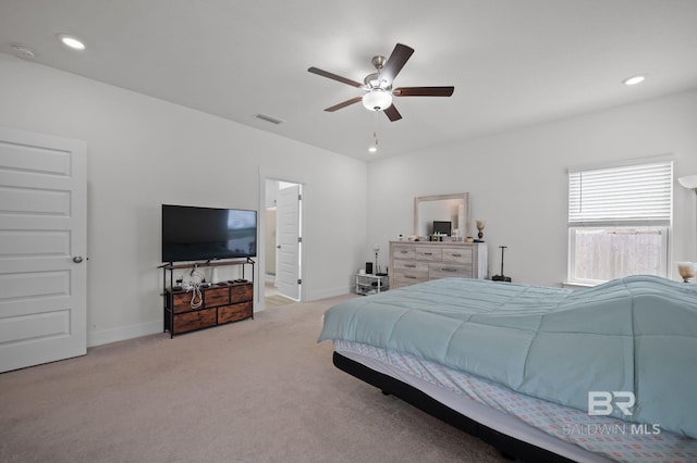 carpeted bedroom featuring visible vents, ceiling fan, recessed lighting, and baseboards