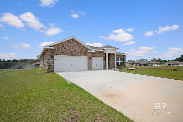 single story home with driveway, fence, a front lawn, brick siding, and a garage