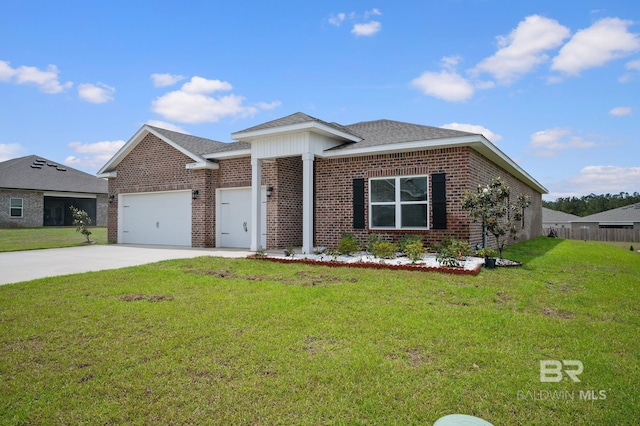 single story home with brick siding, a front yard, driveway, and an attached garage