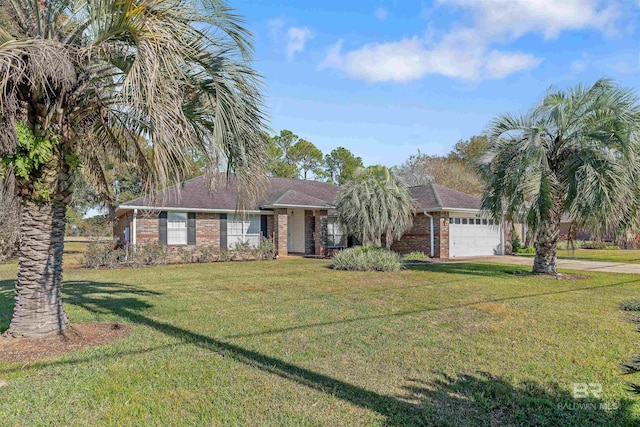 single story home with a garage and a front yard