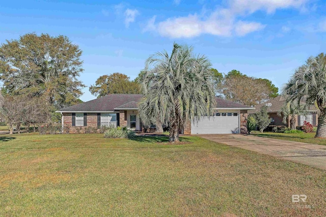 ranch-style house with a front yard and a garage